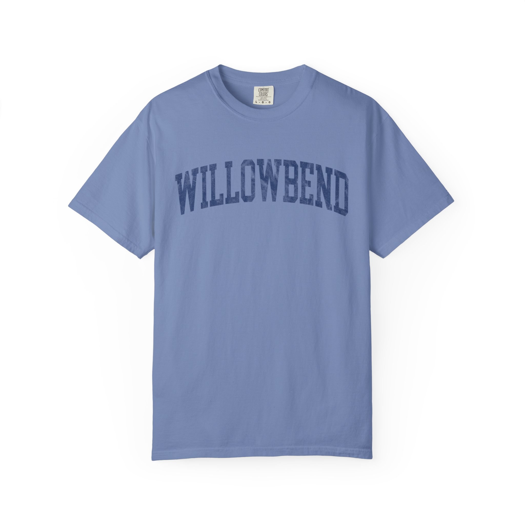 Willowbend Garment-Dyed Tee in Faded Predawn, front — WILLOWBEND lettering