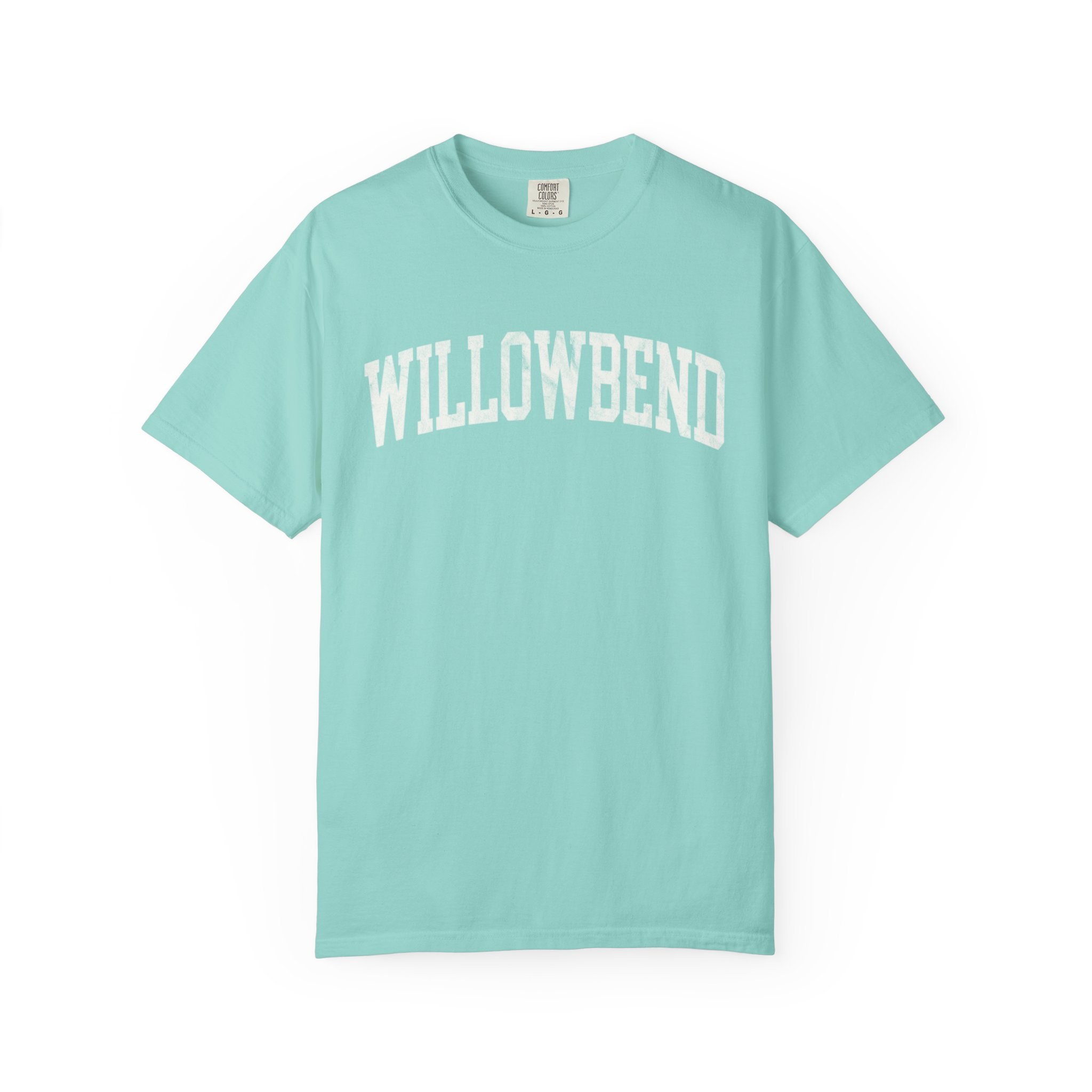 Willowbend Garment-Dyed Tee in Light Ice, front — WILLOWBEND lettering