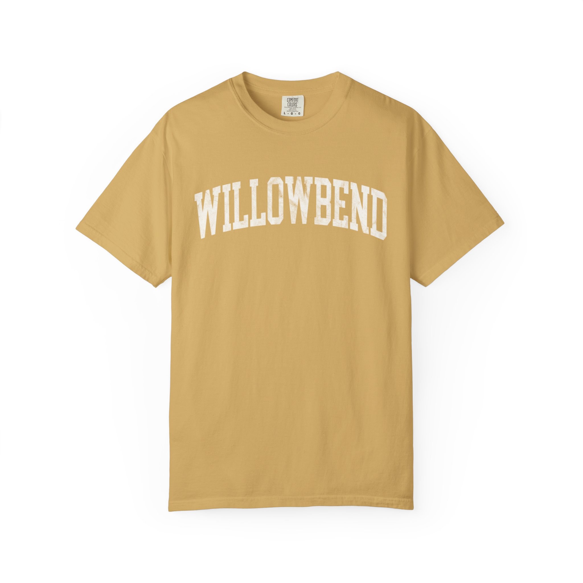 Willowbend Garment-Dyed Tee in Pasta Wheat, front — WILLOWBEND lettering