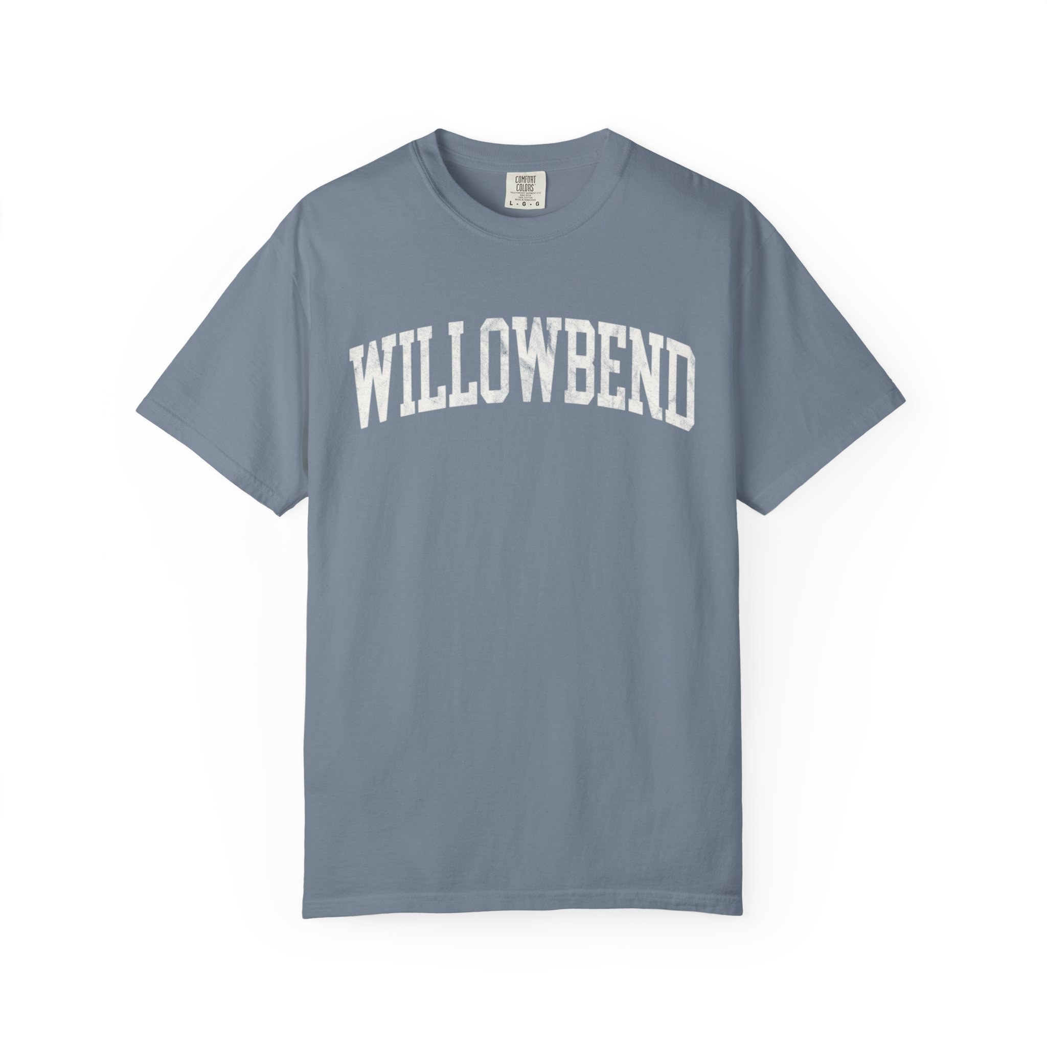 Willowbend Garment-Dyed Tee in Samantha Blue, front — WILLOWBEND lettering