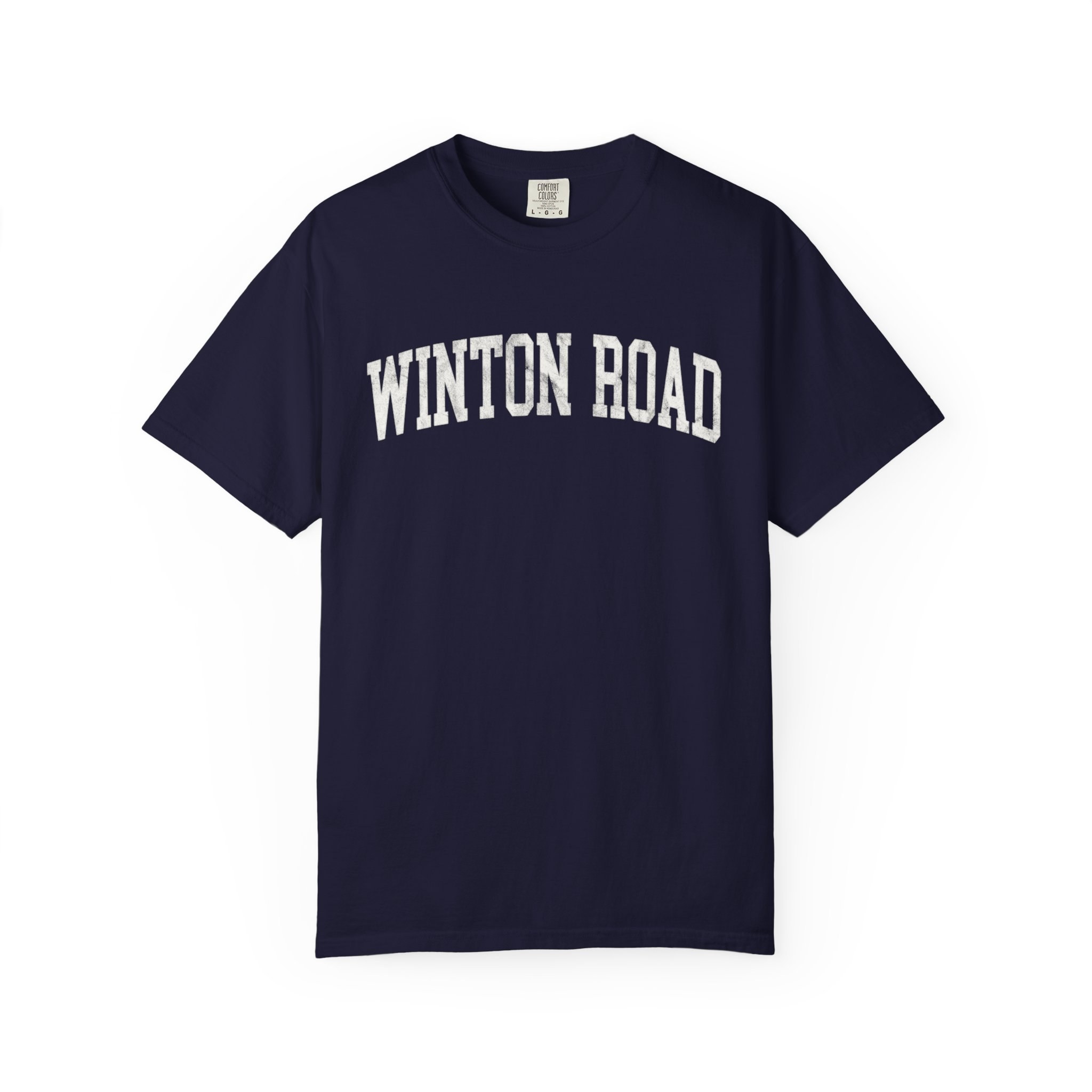 Winton Road Garment-Dyed Tee in Boathouse Blue, front — WINTON ROAD lettering