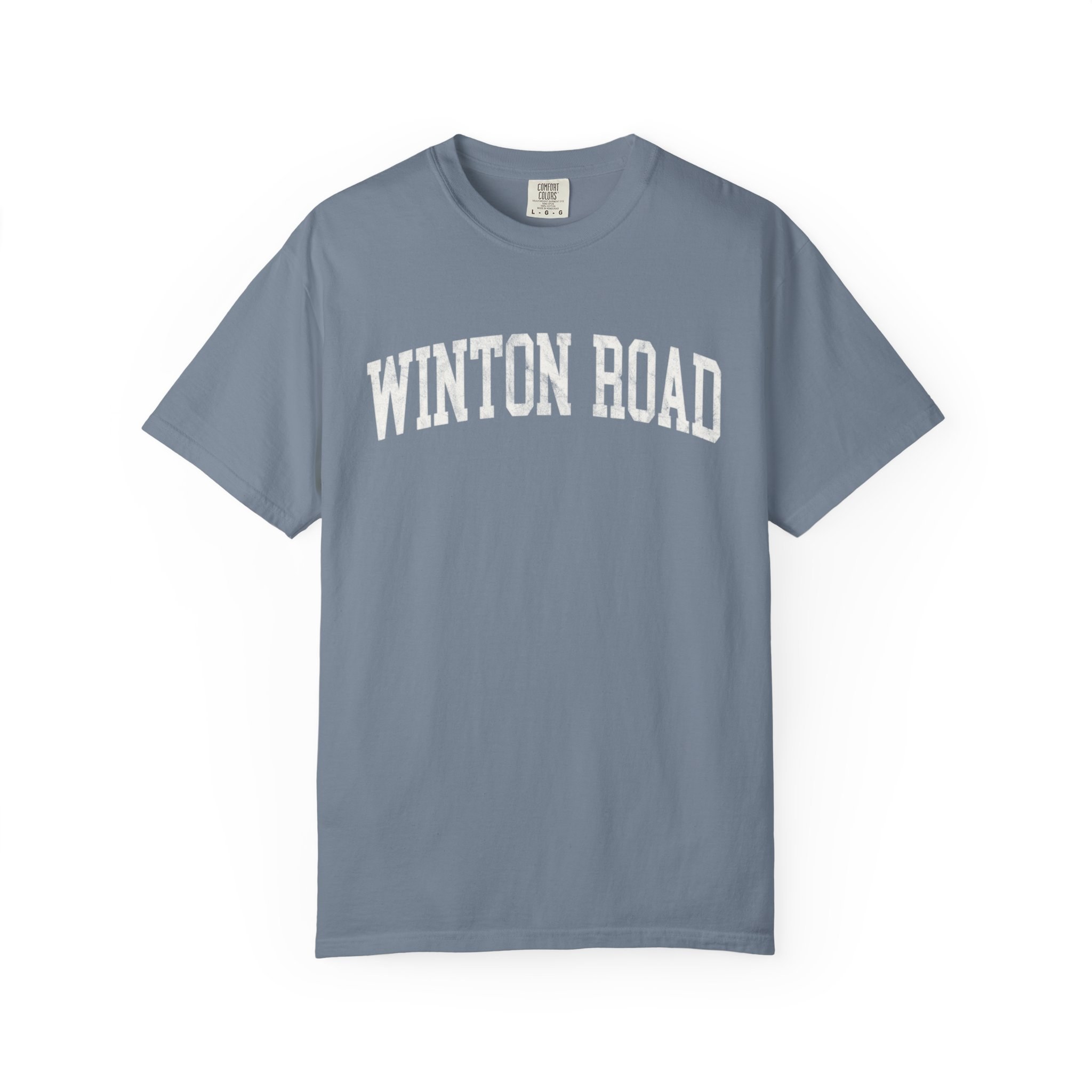 Winton Road Garment-Dyed Tee in Samantha Blue, front — WINTON ROAD lettering